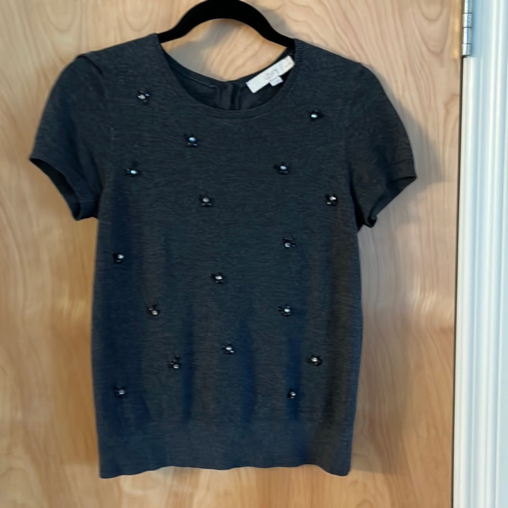 Loft Short sleeve gray sweater with bling detail petite small